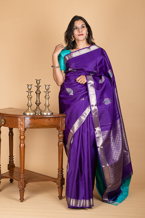 Purple with silver kanjivaram silk saree
