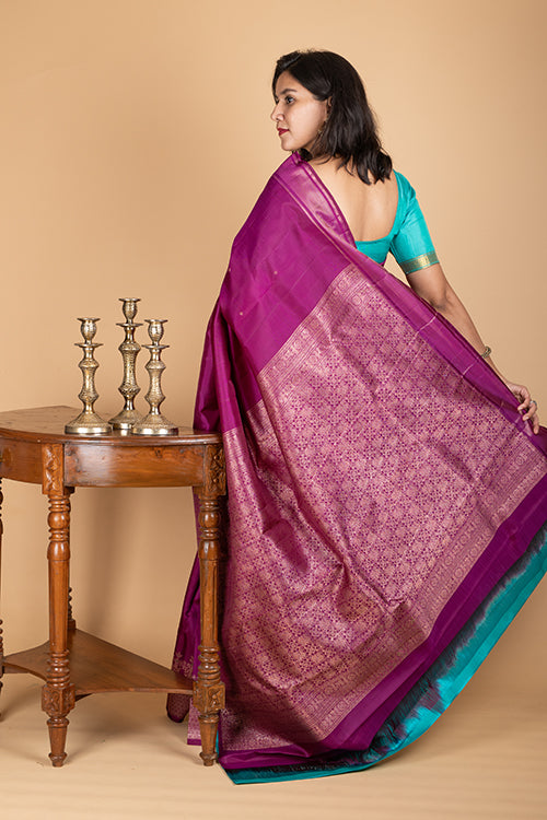 Brinjal purple and green pure silk saree