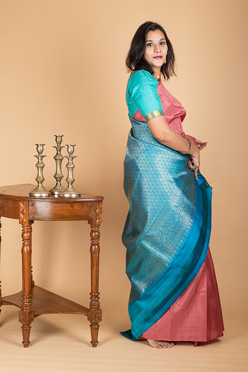 Peachish Pink Silk Saree