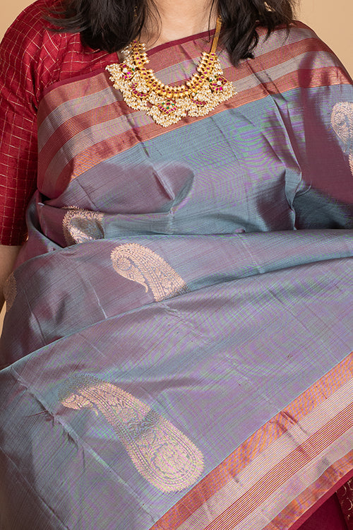 Grey and maroon combination saree