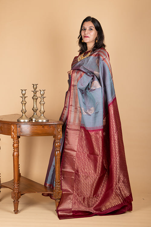 Grey and maroon combination saree