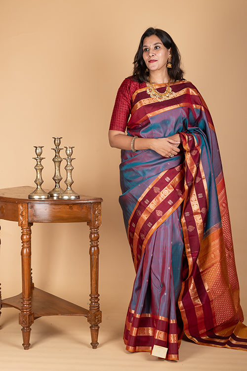Mustard and purple silk saree