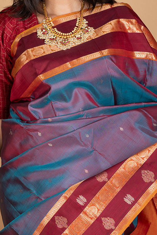 Mustard and purple silk saree
