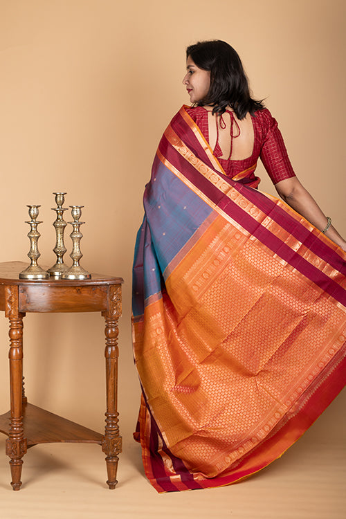 Mustard and purple silk saree