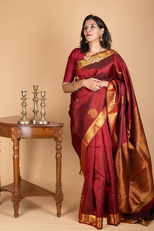 Maroon and gold pure silk saree