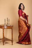 Maroon and gold pure silk saree