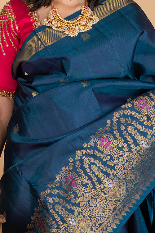 Peacock blue turning border silk saree