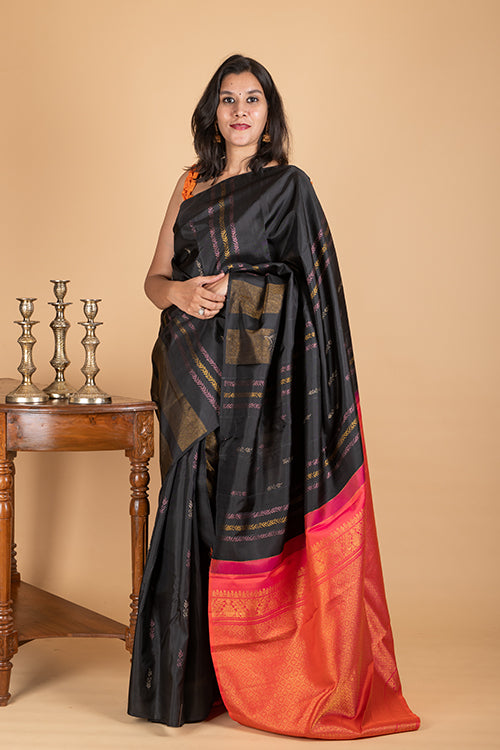 Black and Orange Silk Saree
