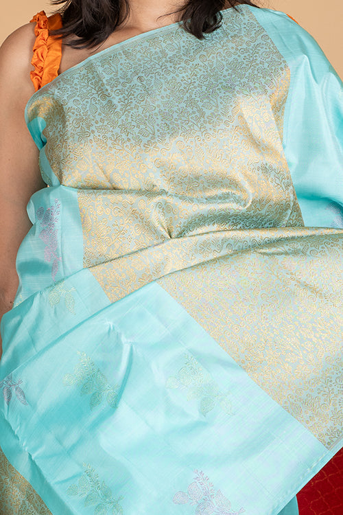 Blue & Coral Borderless Kanchipuram Silk Saree