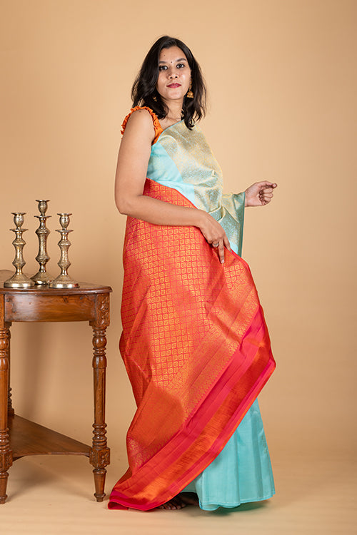 Blue & Coral Borderless Kanchipuram Silk Saree