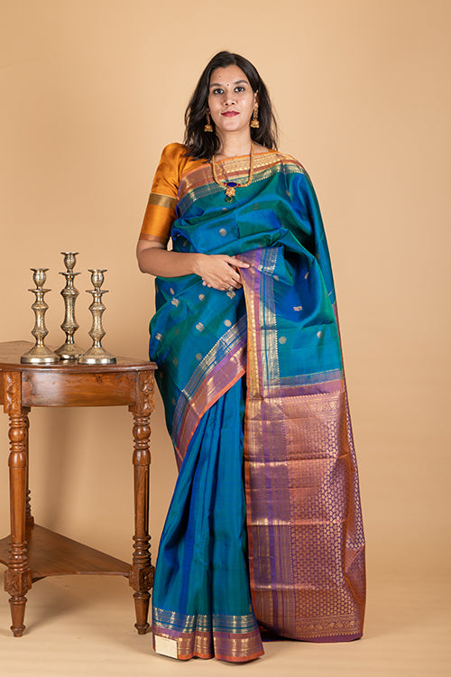 Peacock Blue Saree with Dual Tone Blouse