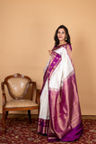 Offwhite purple silk saree