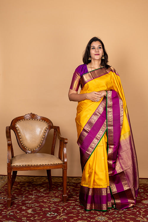 Yellow retta pettu pure silk saree