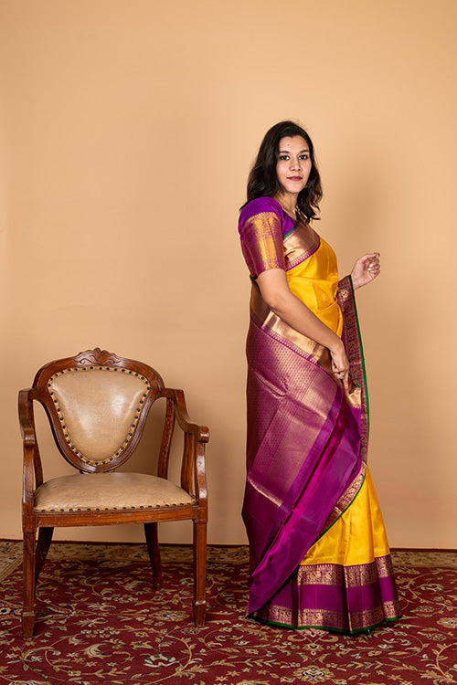 Yellow retta pettu pure silk saree