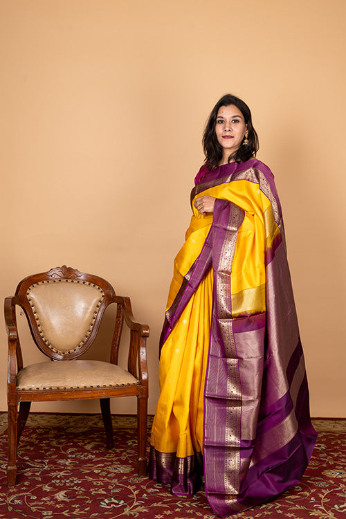 Yellow and purple pure silk saree