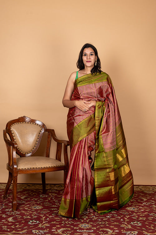 Brown and green small border silk saree