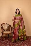 Brown and green small border silk saree