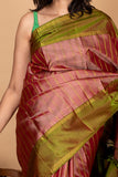Brown and green small border silk saree