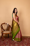 Brown and green small border silk saree