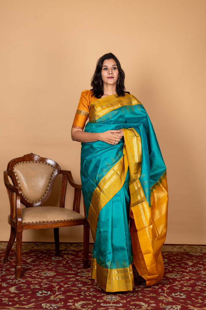 Yellow and Blue Kanchipuram Silk Saree