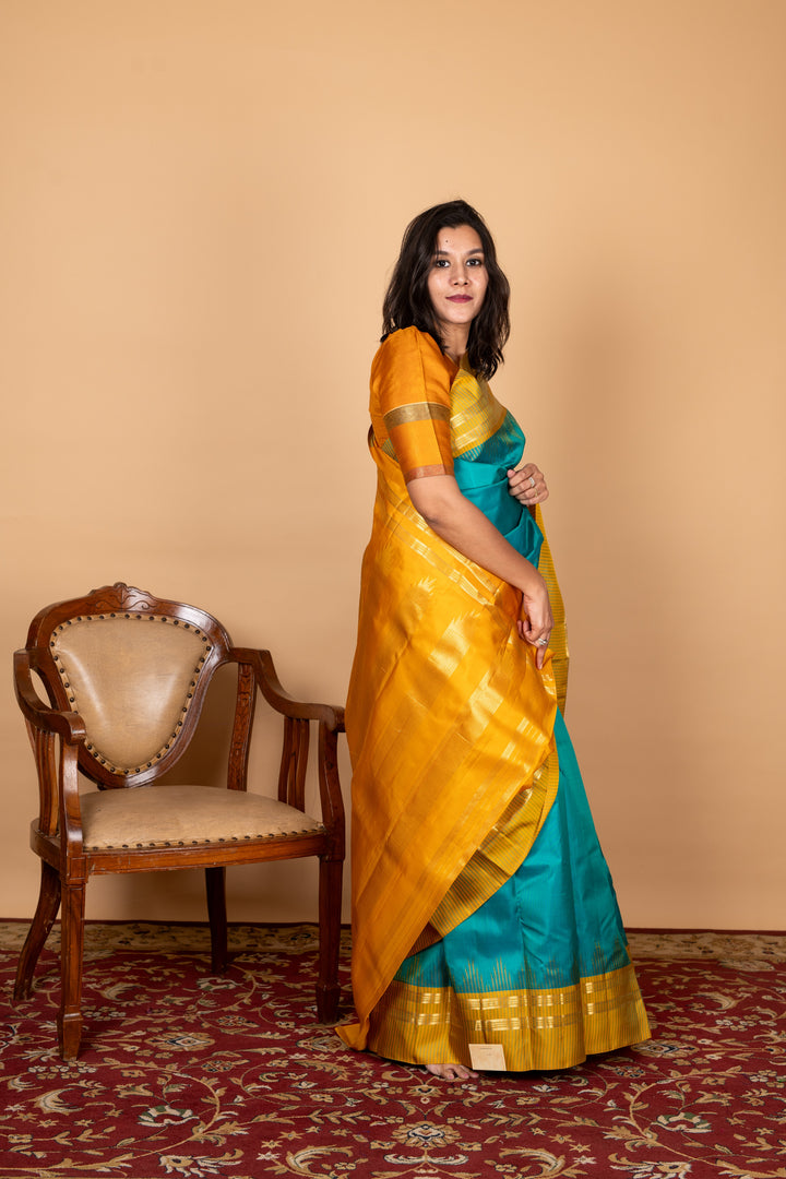 Yellow and Blue Kanchipuram Silk Saree