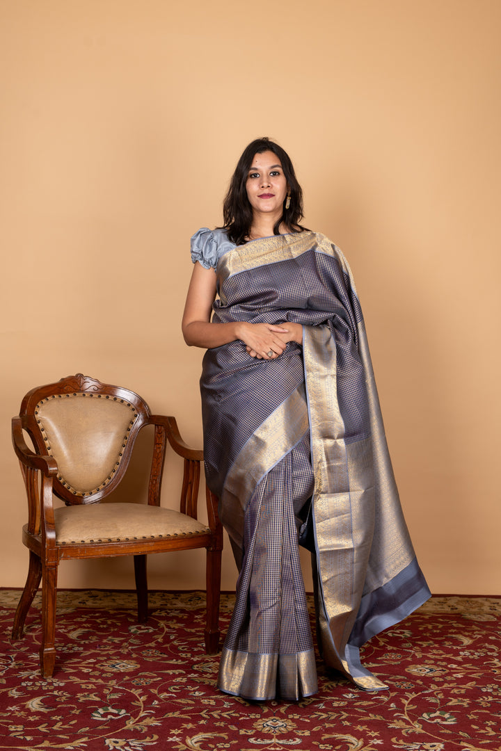 Blue and Grey Small Border Silk Saree