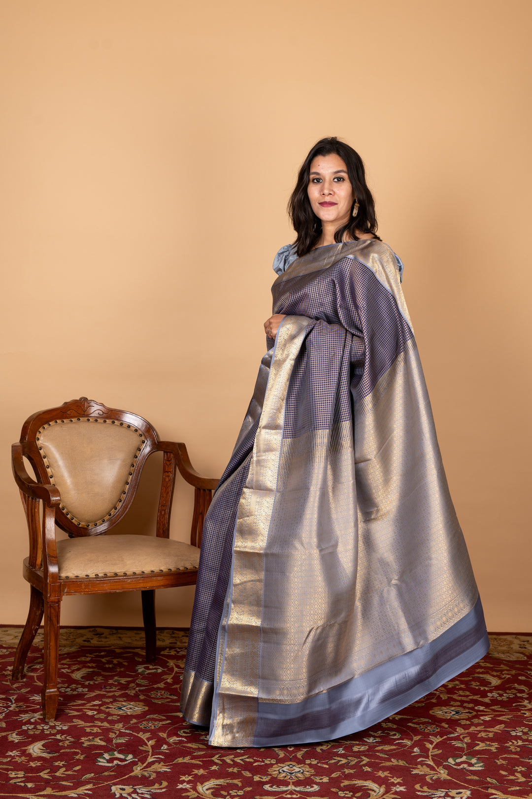 Blue and Grey Small Border Silk Saree