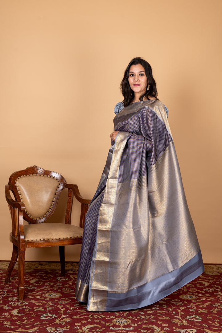 Blue and Grey Small Border Silk Saree