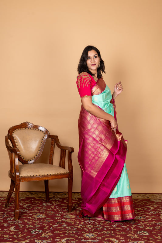 Pink and Green Pure Silk Saree