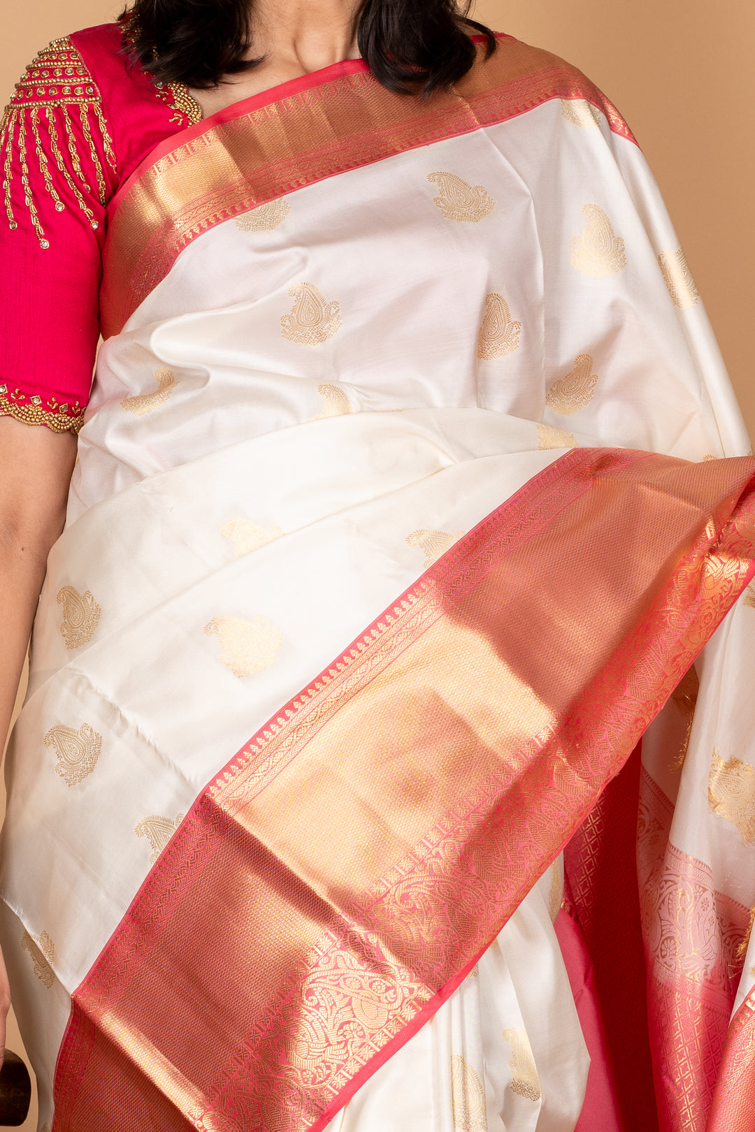 Beige and Salmon Pink Pure Silk Saree