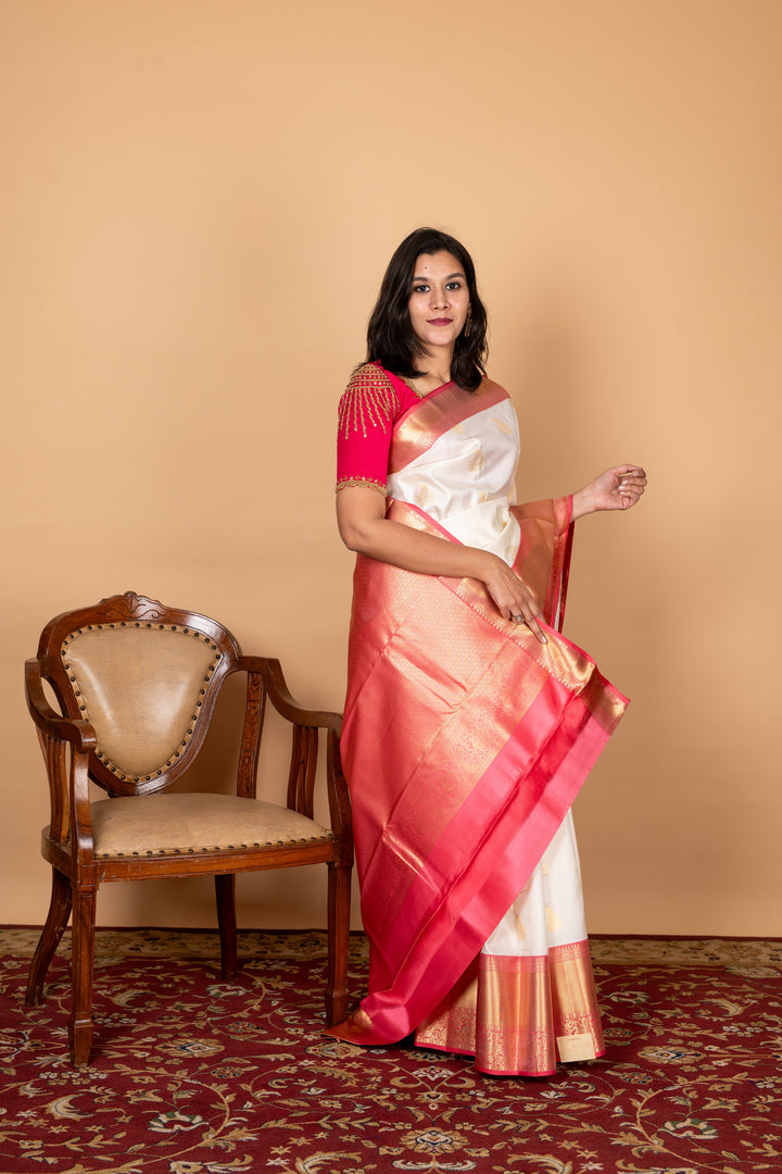Beige and Salmon Pink Pure Silk Saree