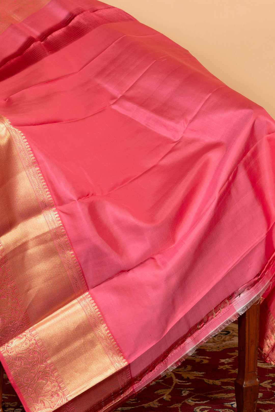 Beige and Salmon Pink Pure Silk Saree