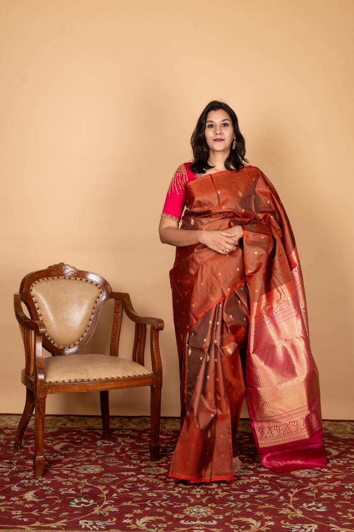 Brown and Pink Checks Silk Saree