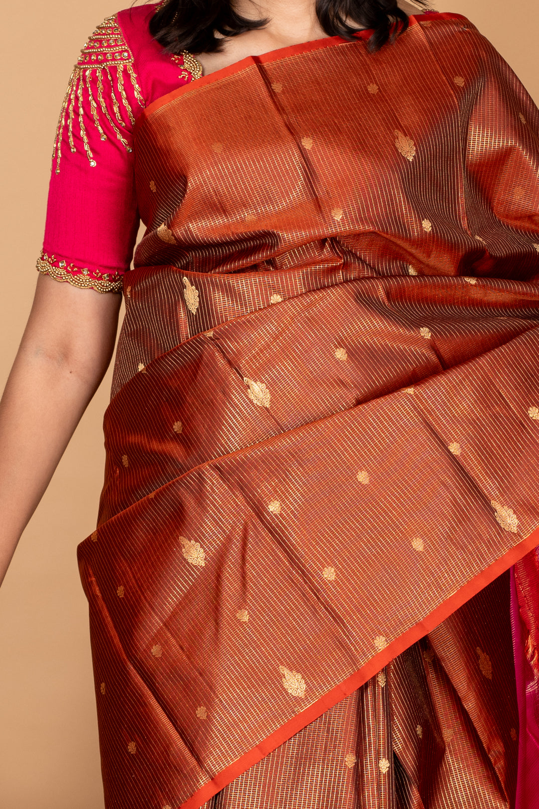 Brown and Pink Checks Silk Saree