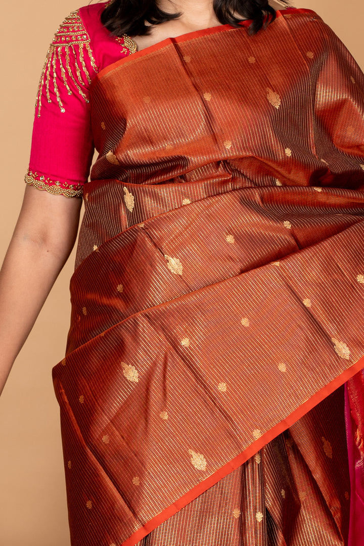 Brown and Pink Checks Silk Saree