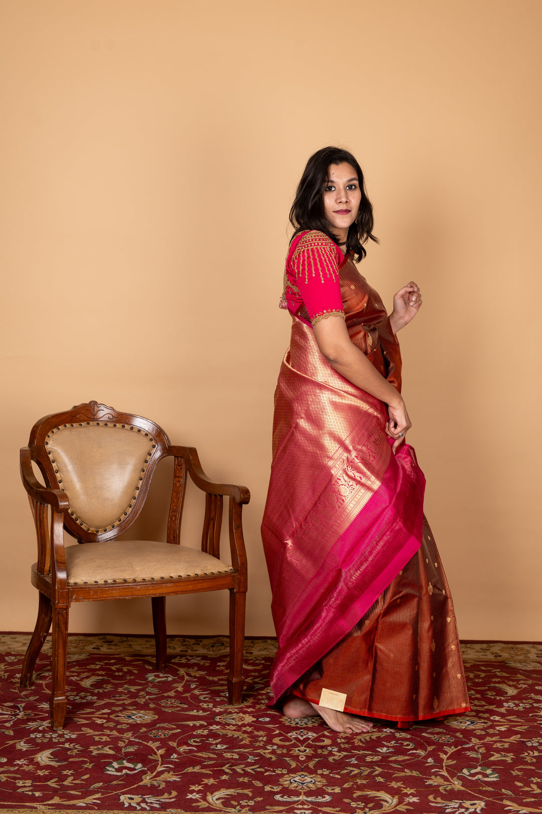 Brown and Pink Checks Silk Saree