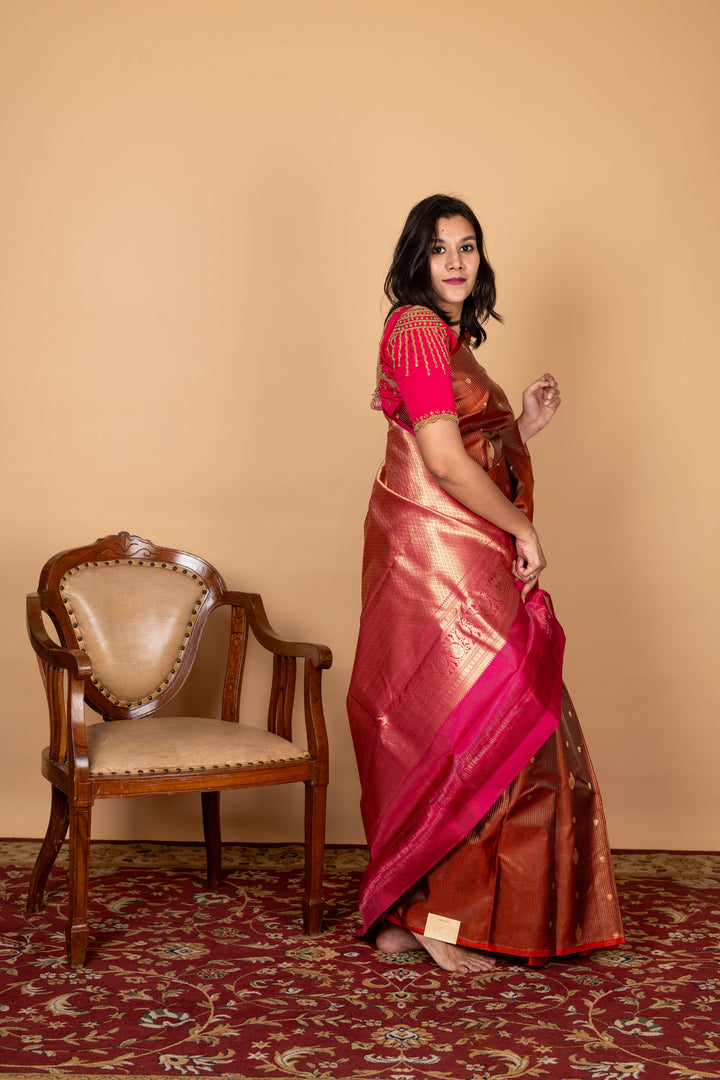 Brown and Pink Checks Silk Saree