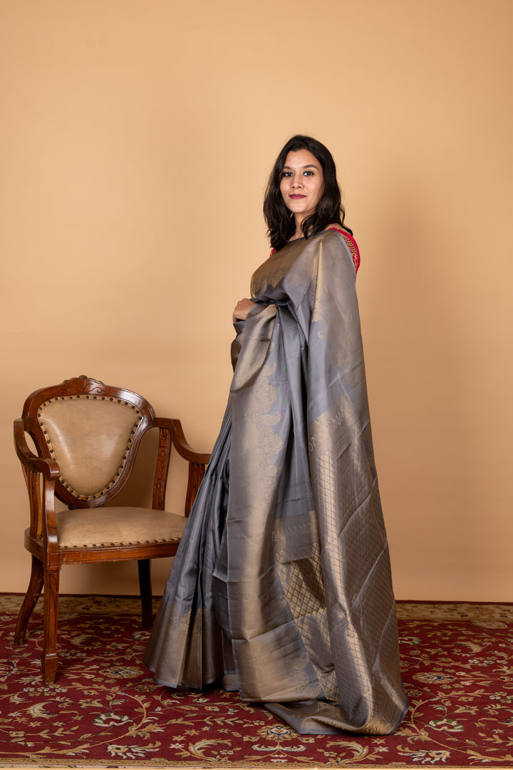 Grey Designer Pure Silk Saree