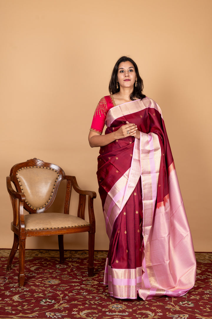 Maroon and Pink Silk Saree