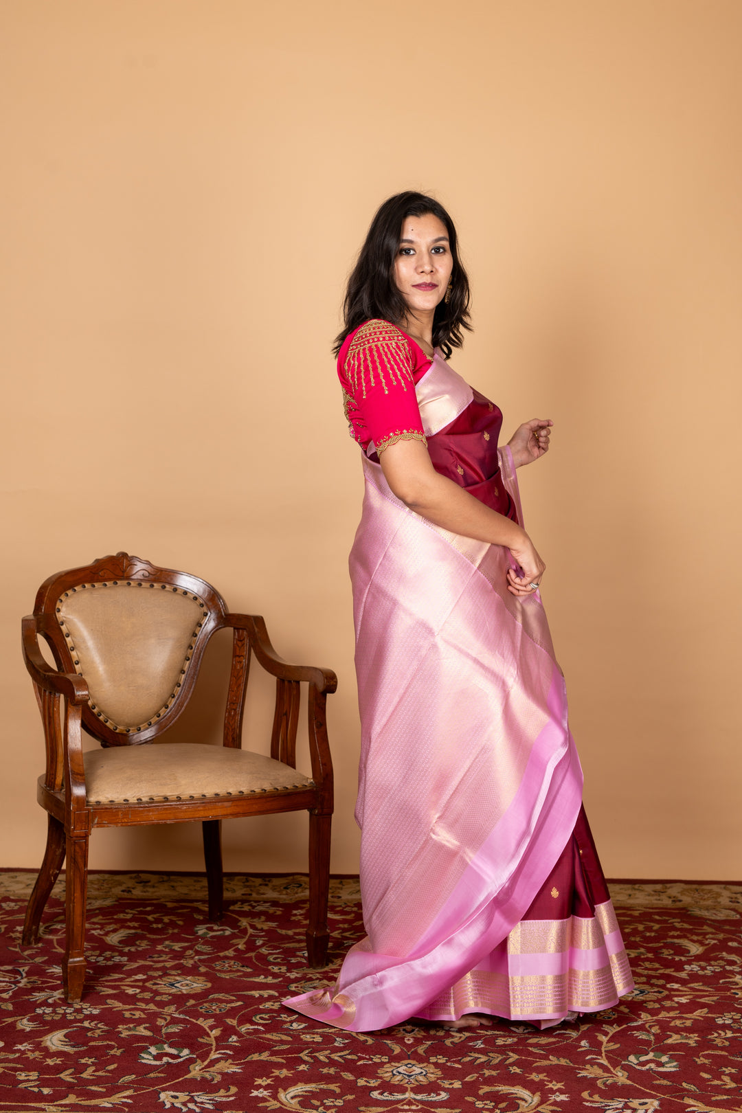 Maroon and Pink Silk Saree
