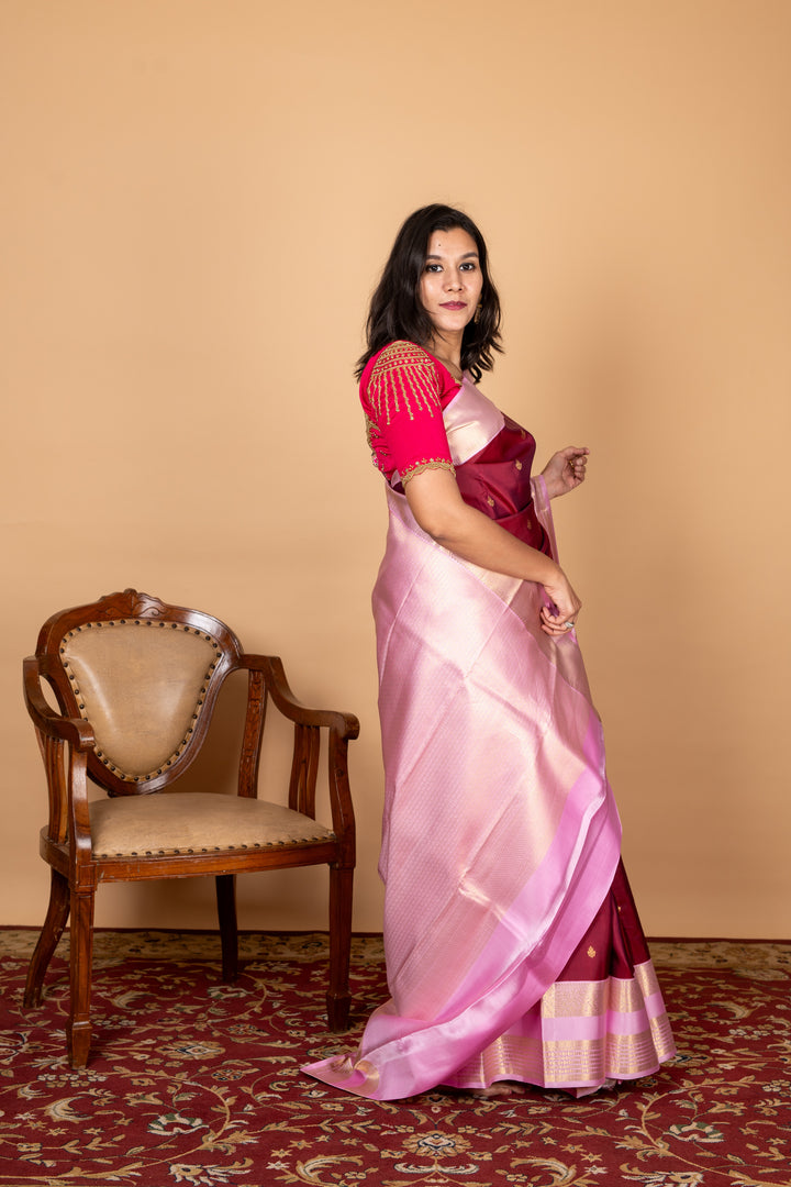 Maroon and Pink Silk Saree