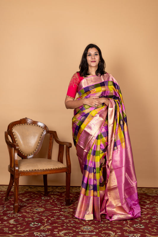 Pink and Multicolour Border Pure Silk Saree
