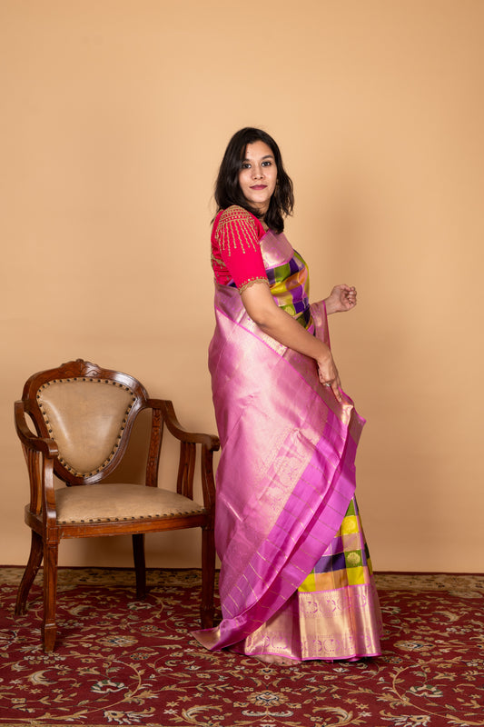 Pink and Multicolour Border Pure Silk Saree