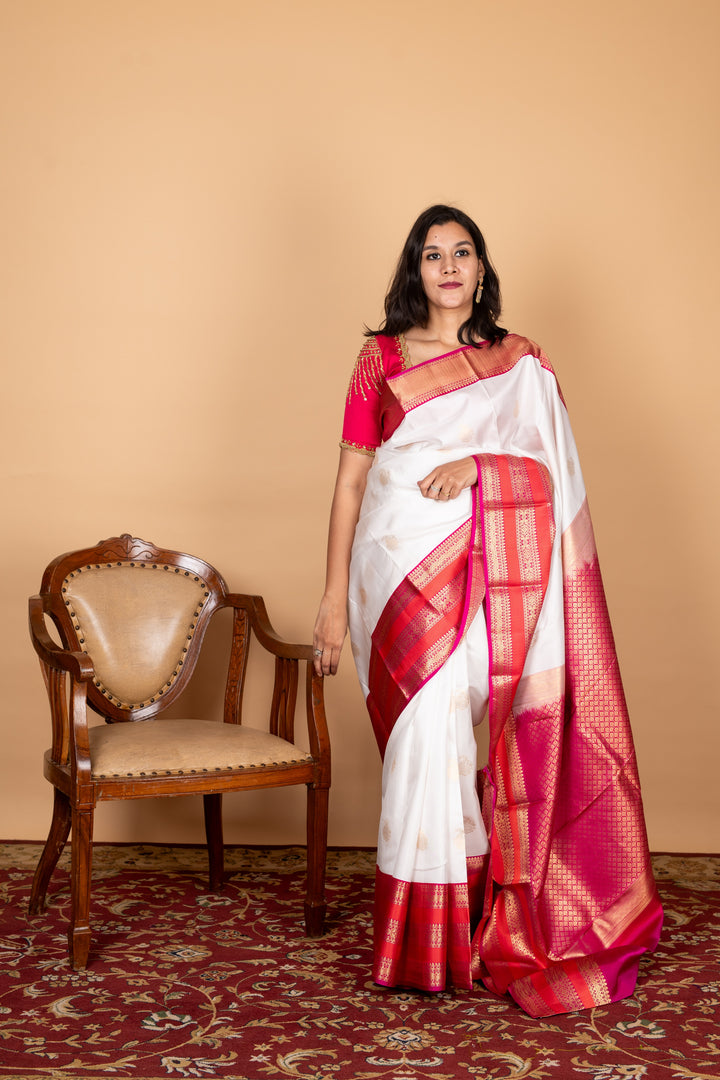 Offwhite and pink pure silk saree