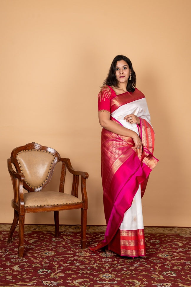 Offwhite and pink pure silk saree