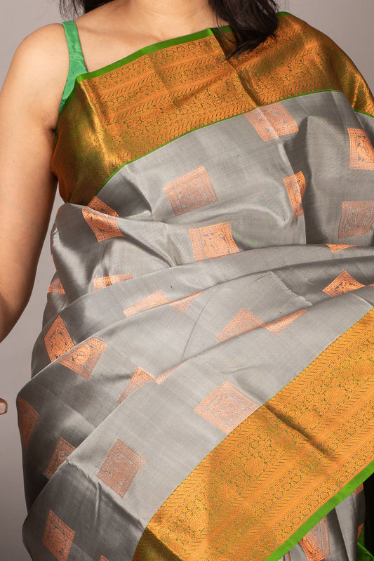 Grey and green soft silk saree
