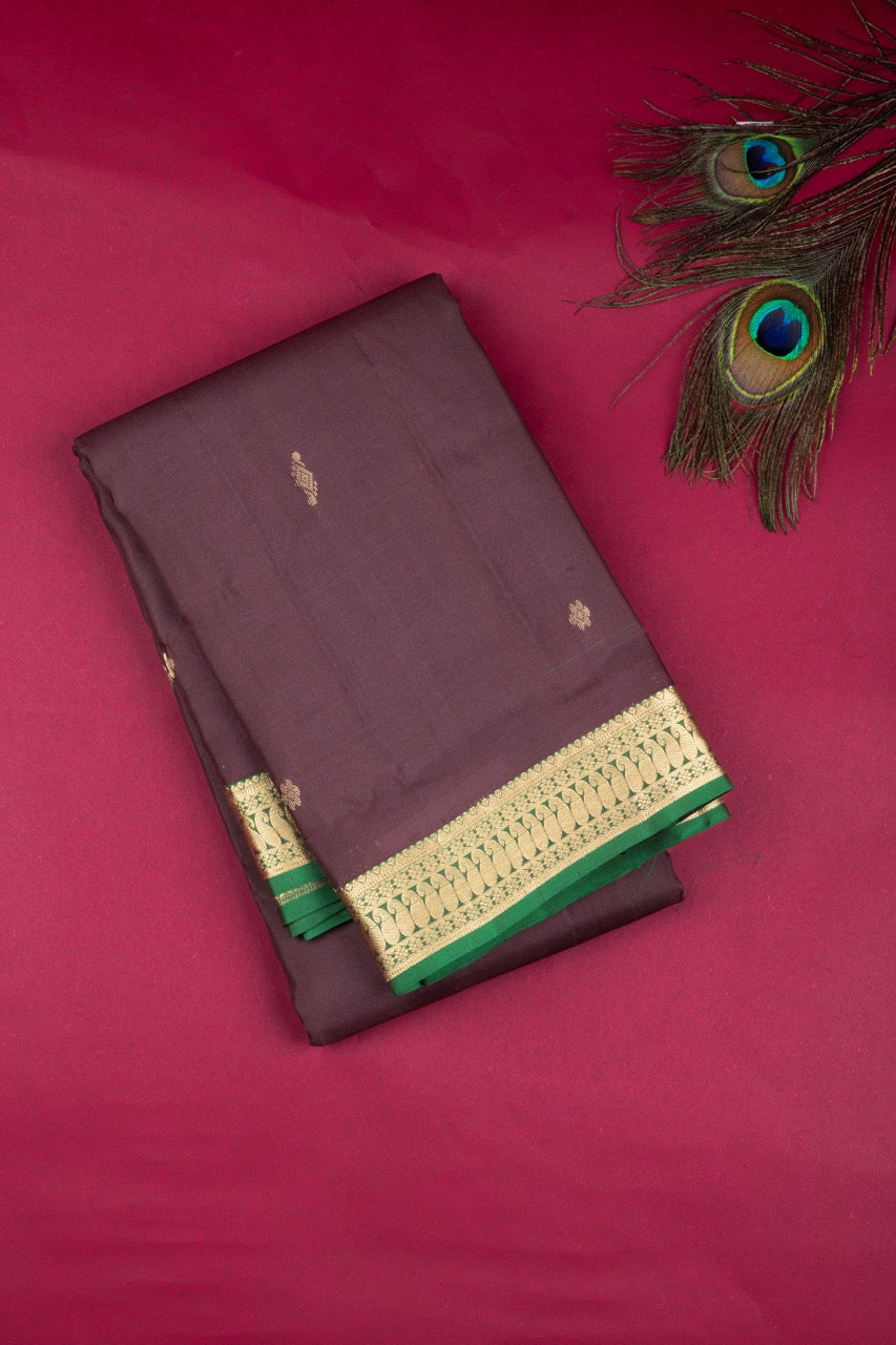 Brown and green small border silk saree