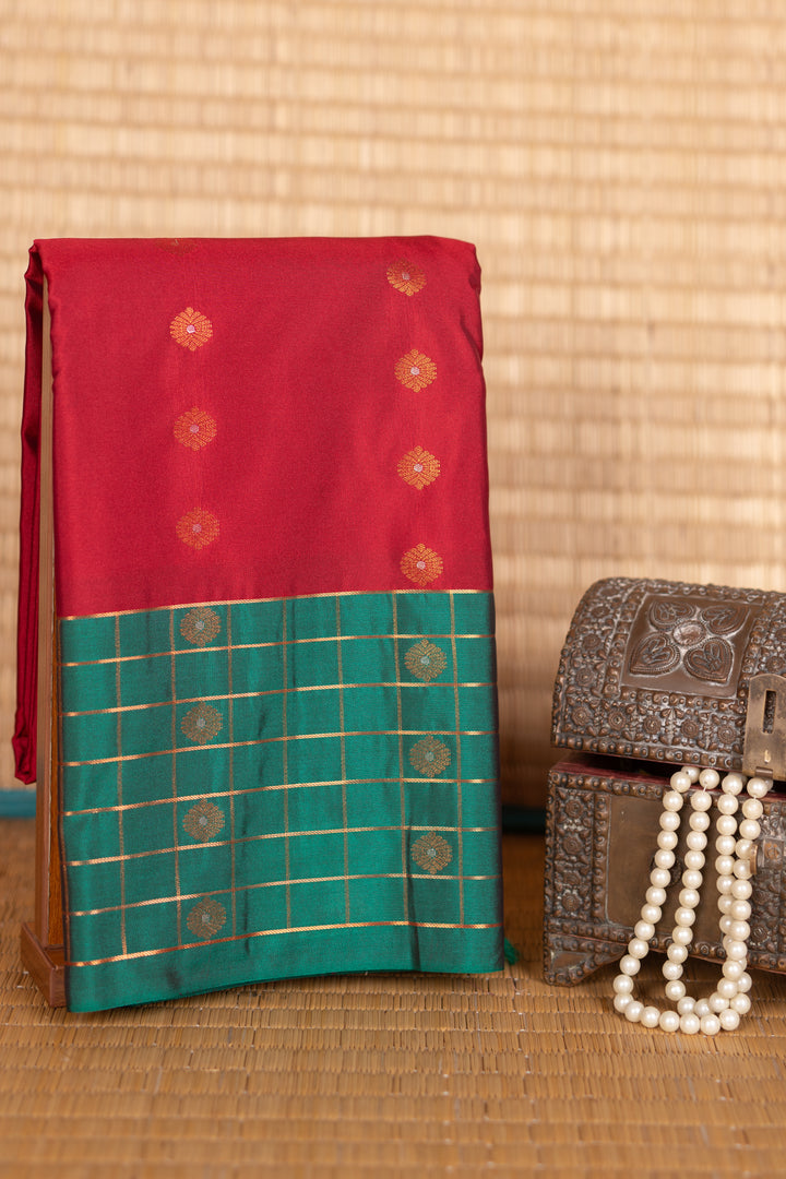 Cherry red and green korvai semi silk saree