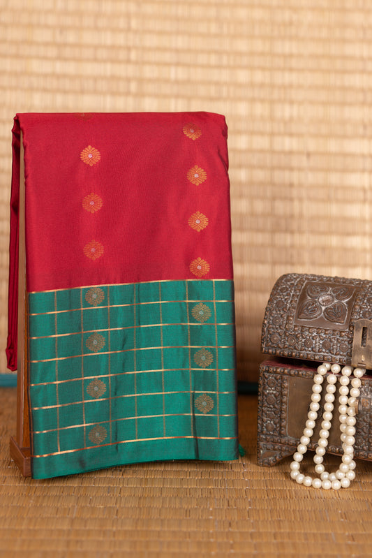 Cherry red and green korvai semi silk saree
