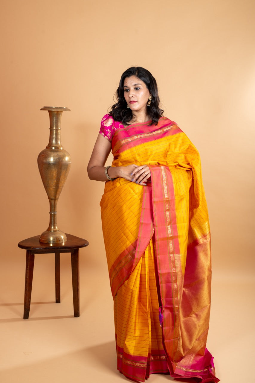 Borderless Yellow and Double Tone Pink Silk Saree